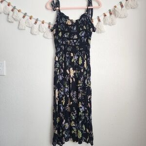 Free People Isla Black Floral Smocked Midi Tie Dress Boho Beach Fairy Gauze S